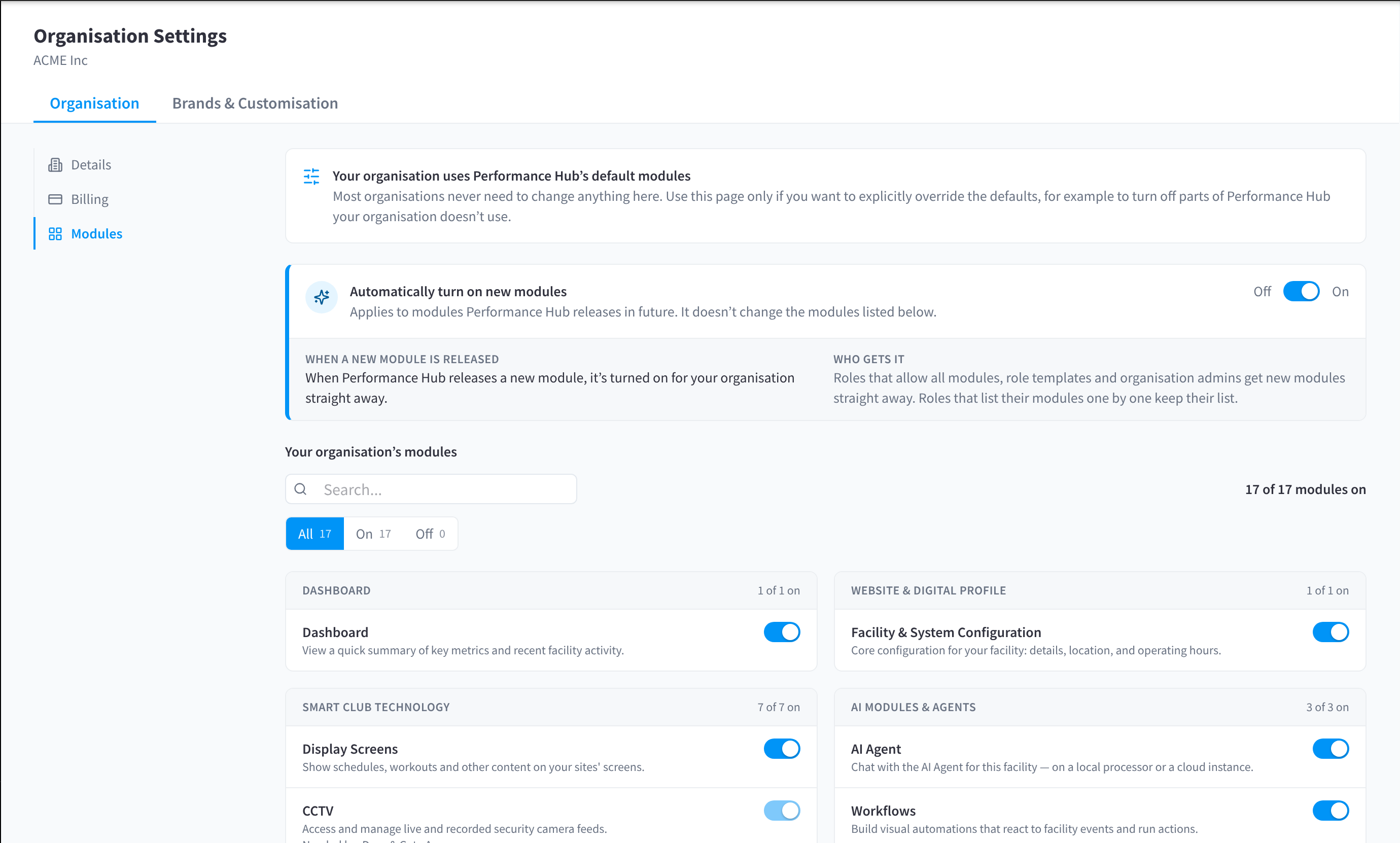 The Modules page with the default modules banner, the Automatically turn on new modules setting and a list of module switches grouped by category