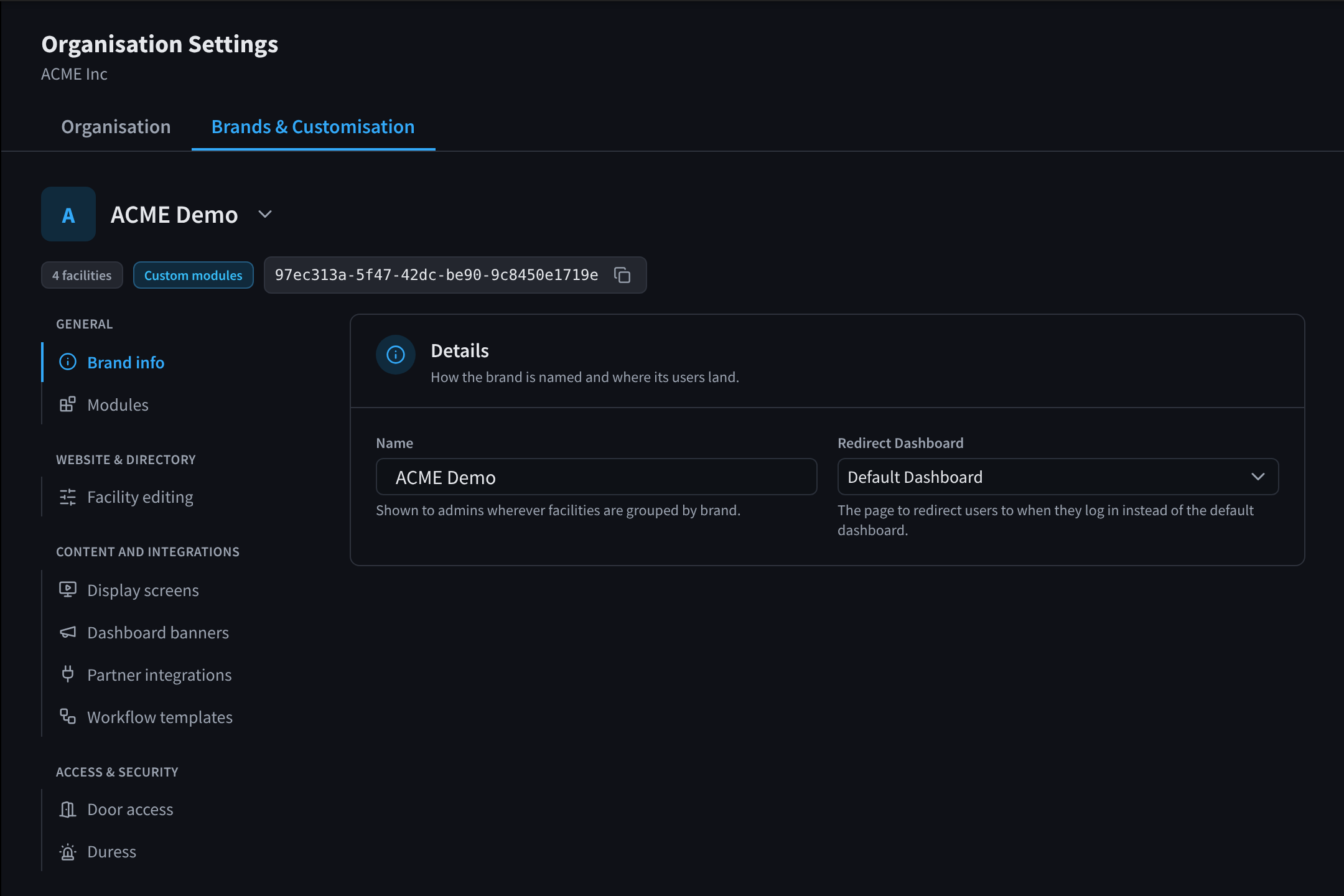 The Brand info section of a brand, with Name and Redirect Dashboard, and the brand's section list on the left