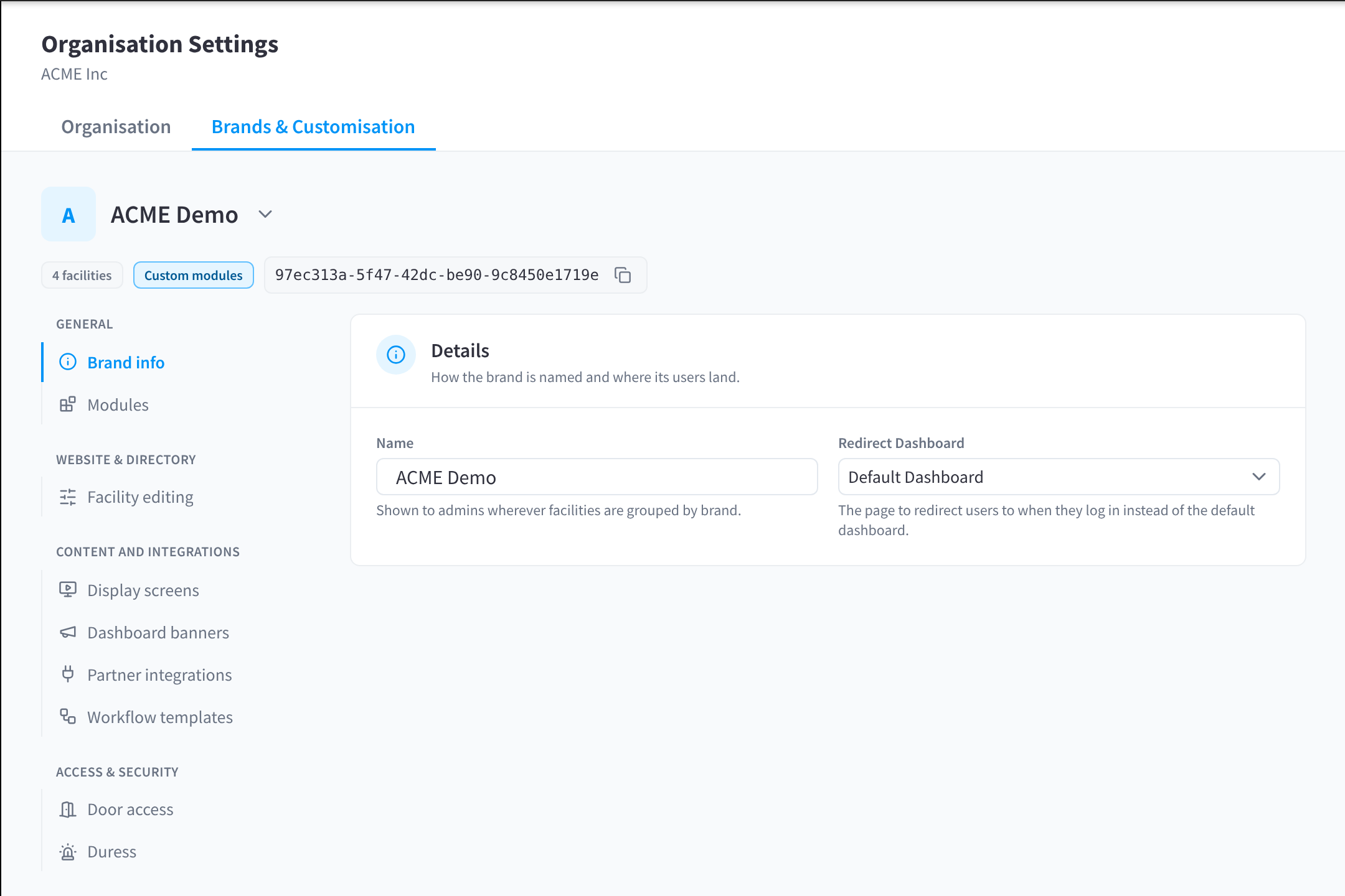The Brand info section of a brand, with Name and Redirect Dashboard, and the brand's section list on the left