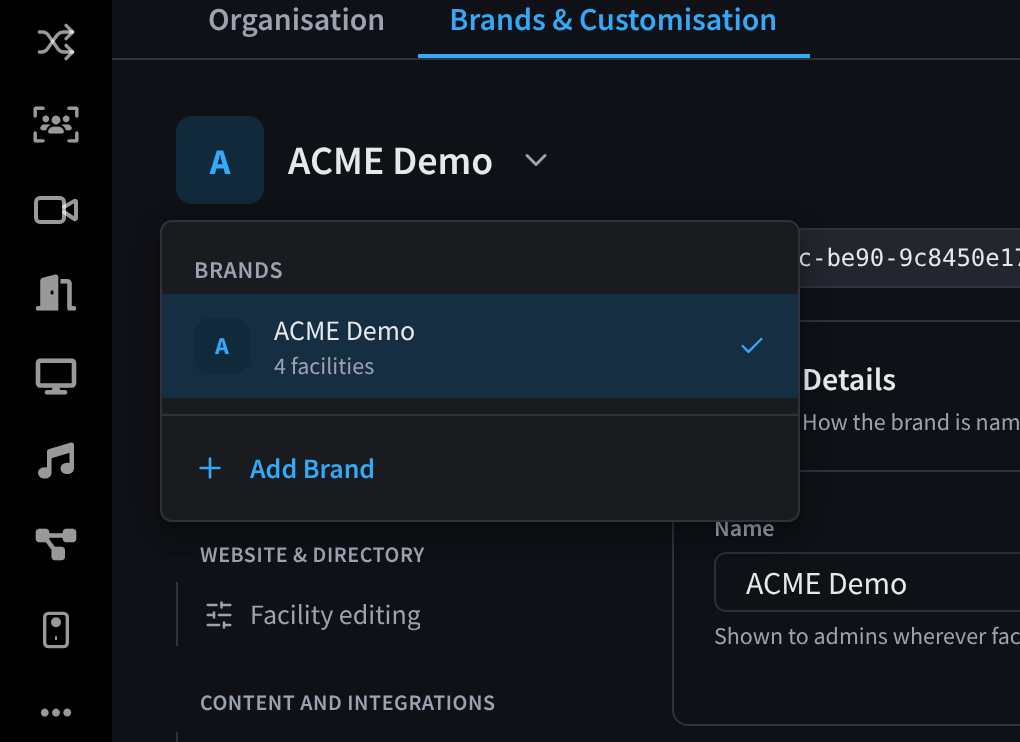 The brand switcher open, listing ACME Demo with 4 facilities, and an Add Brand button