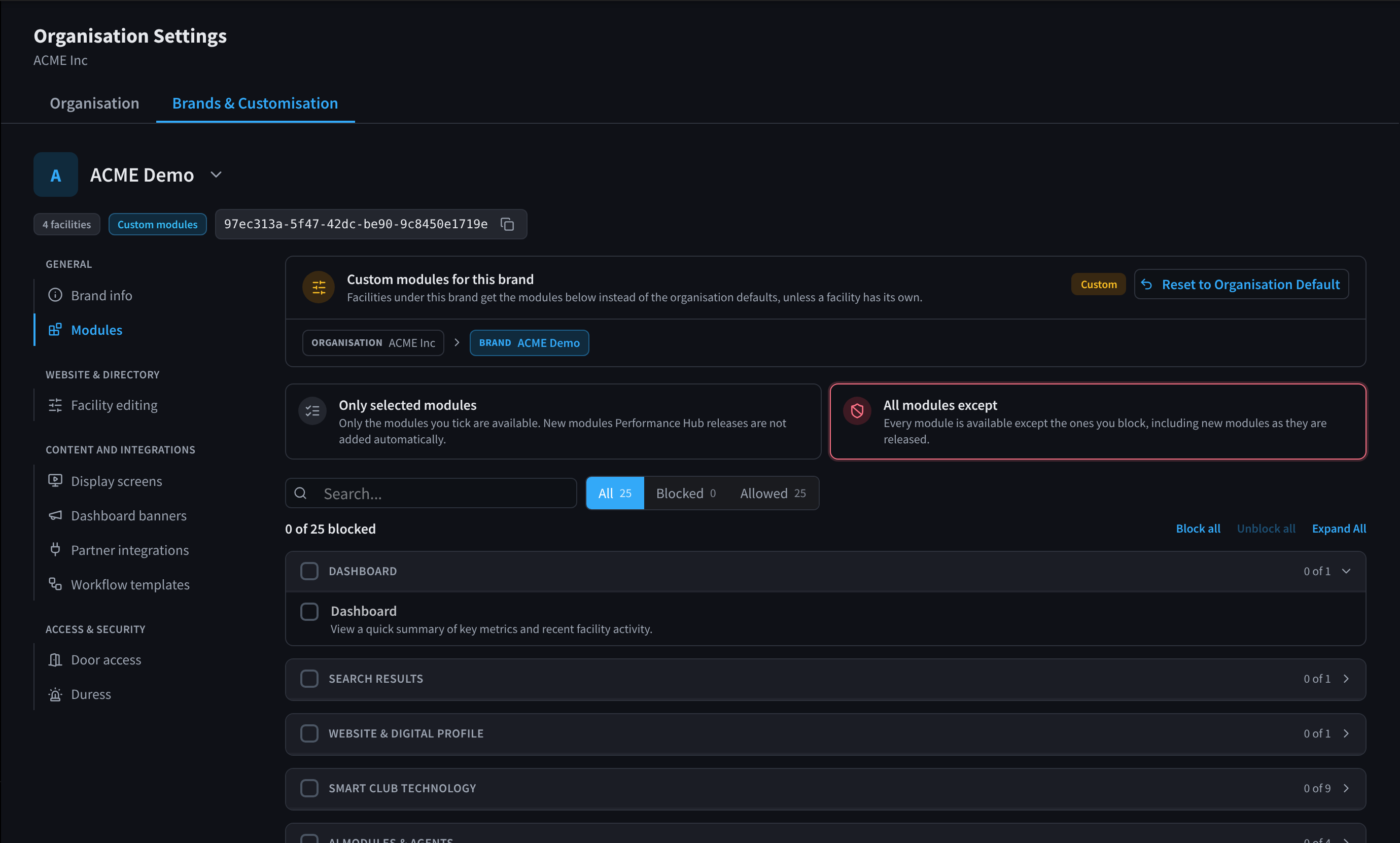 The brand Modules section with Only selected modules and All modules except, the All, Blocked and Allowed filters, and the list of modules grouped by category
