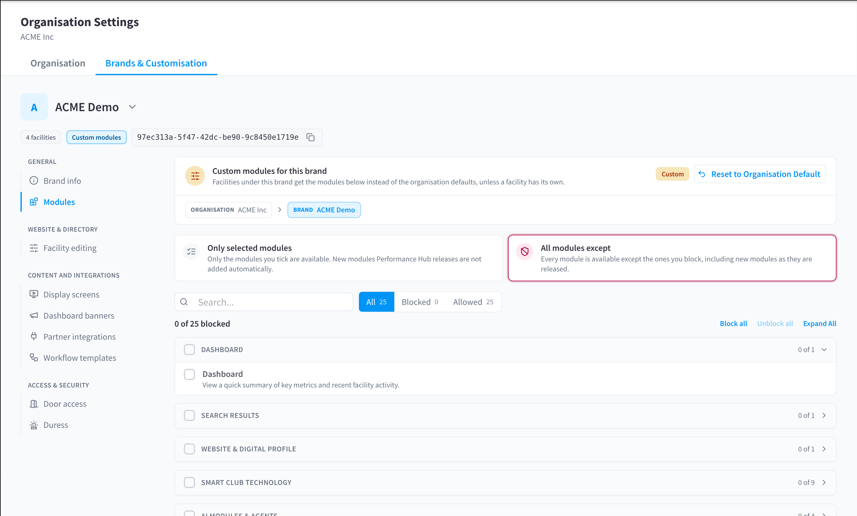 The brand Modules section with Only selected modules and All modules except, the All, Blocked and Allowed filters, and the list of modules grouped by category