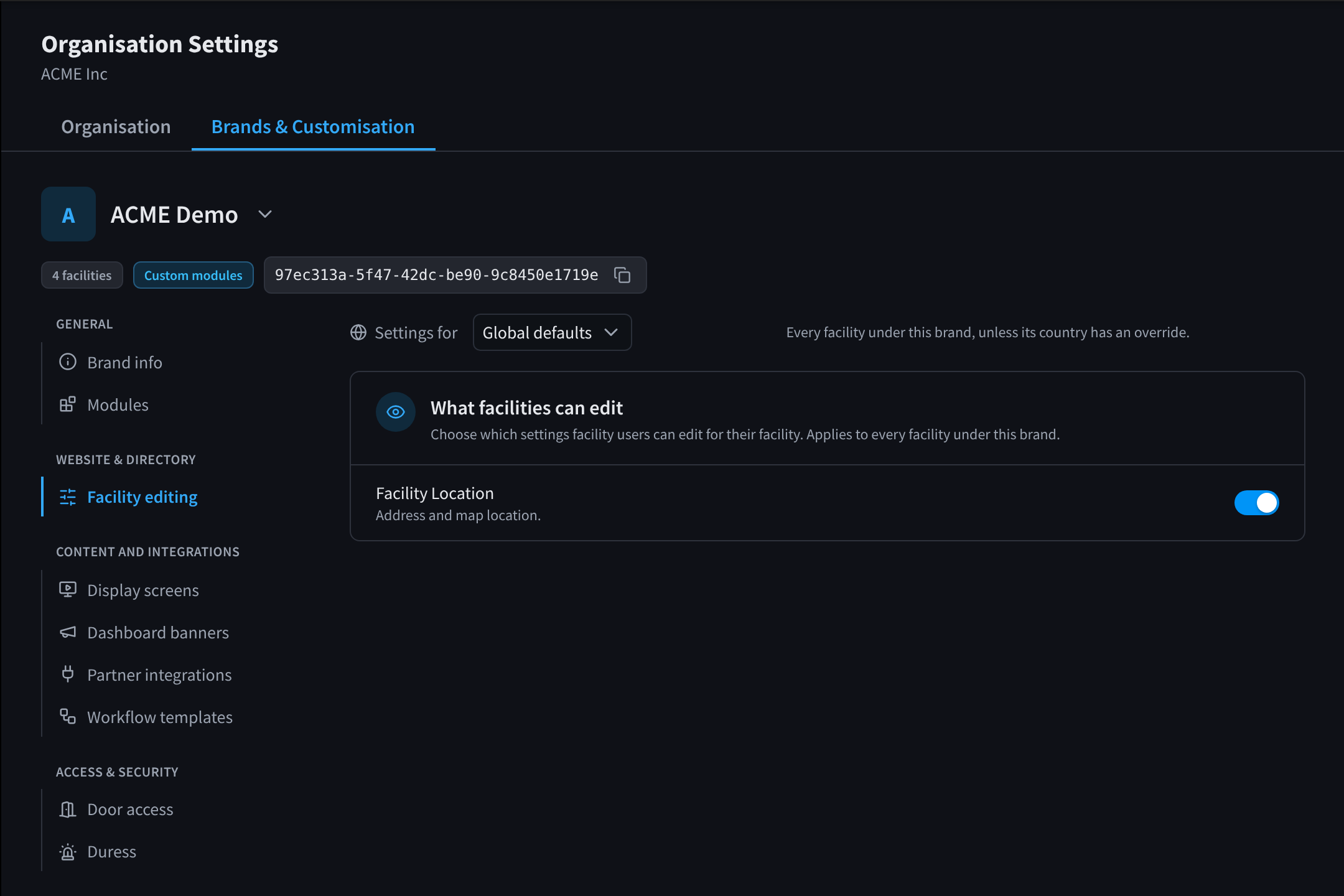The Facility editing section with Settings for: Global defaults and a list of facility settings such as Facility Location