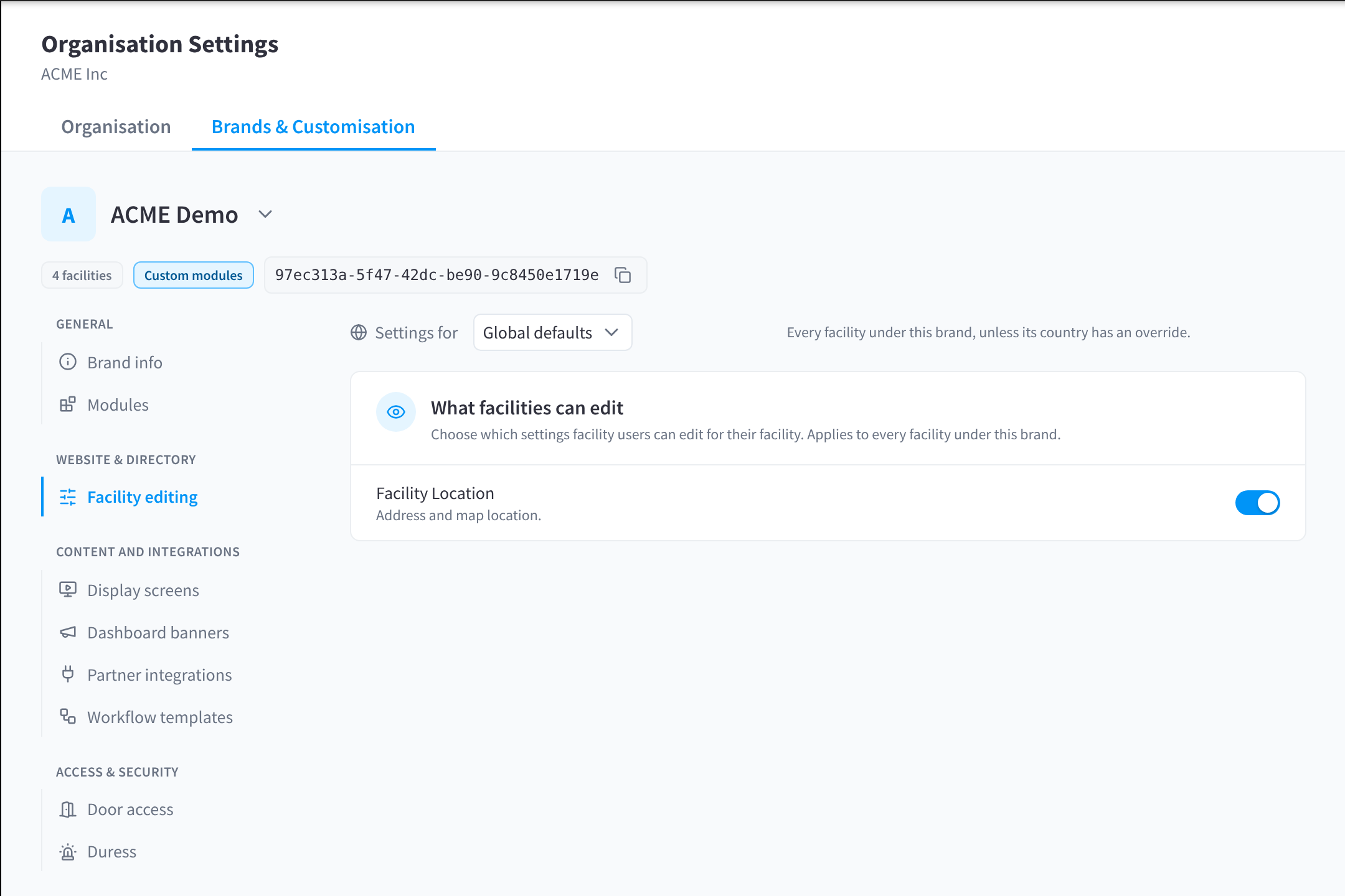 The Facility editing section with Settings for: Global defaults and a list of facility settings such as Facility Location