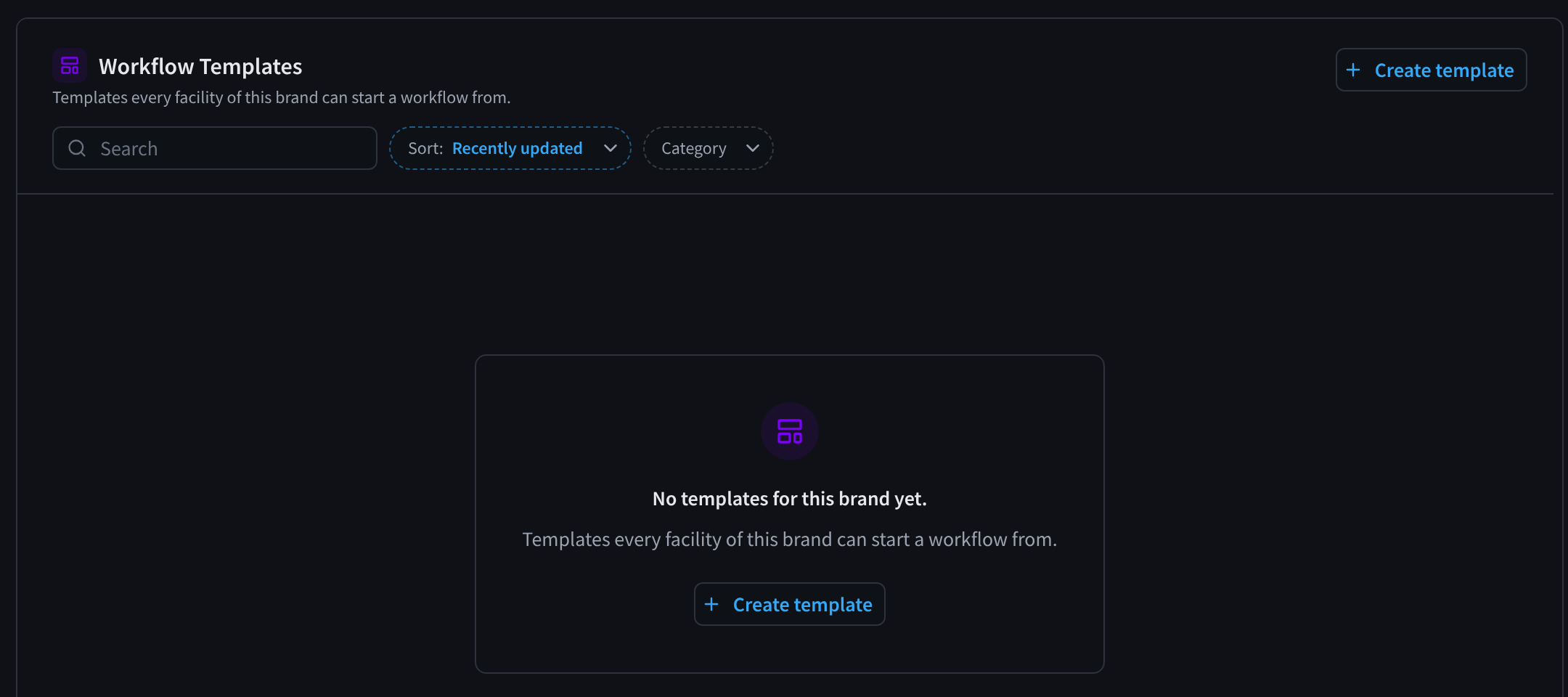 The Workflow Templates section of a brand, with Create template, the Search, Sort and Category controls, and No templates for this brand yet