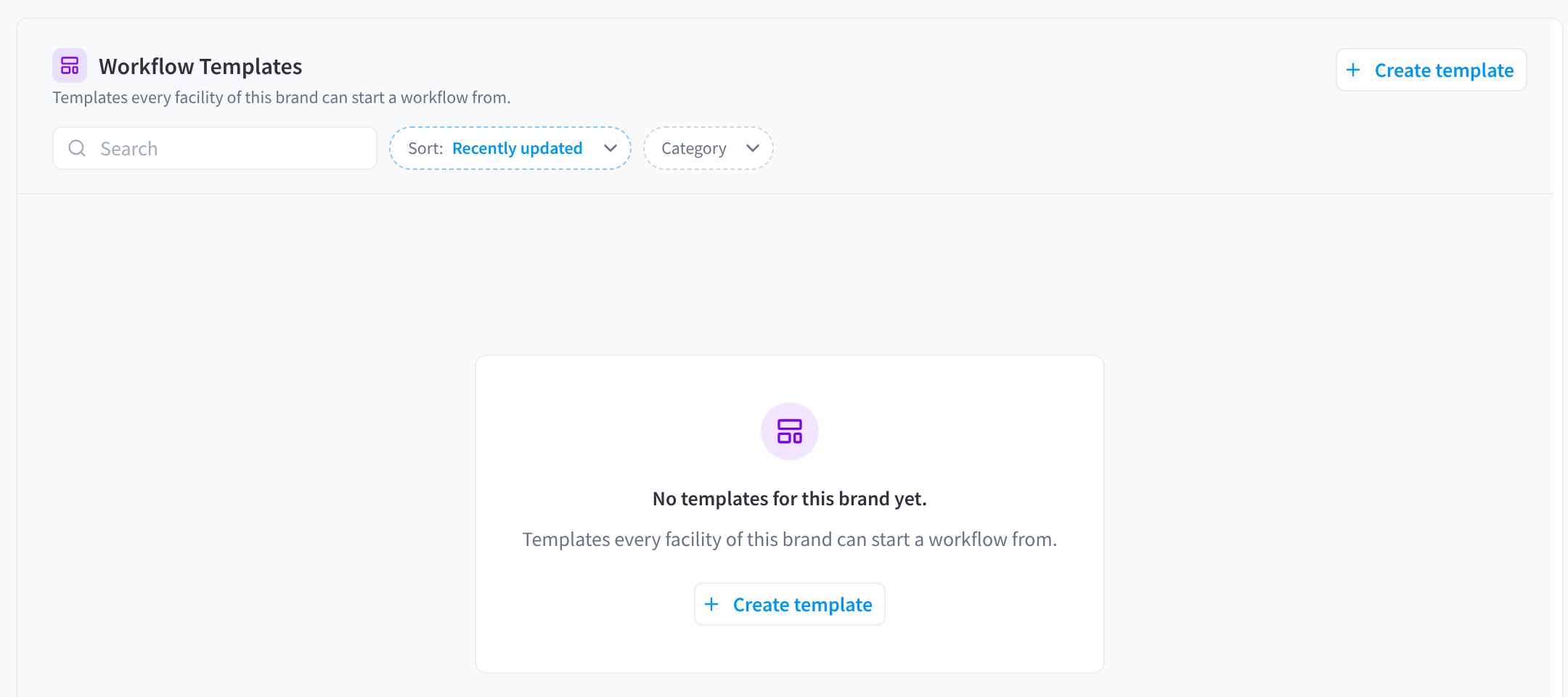 The Workflow Templates section of a brand, with Create template, the Search, Sort and Category controls, and No templates for this brand yet