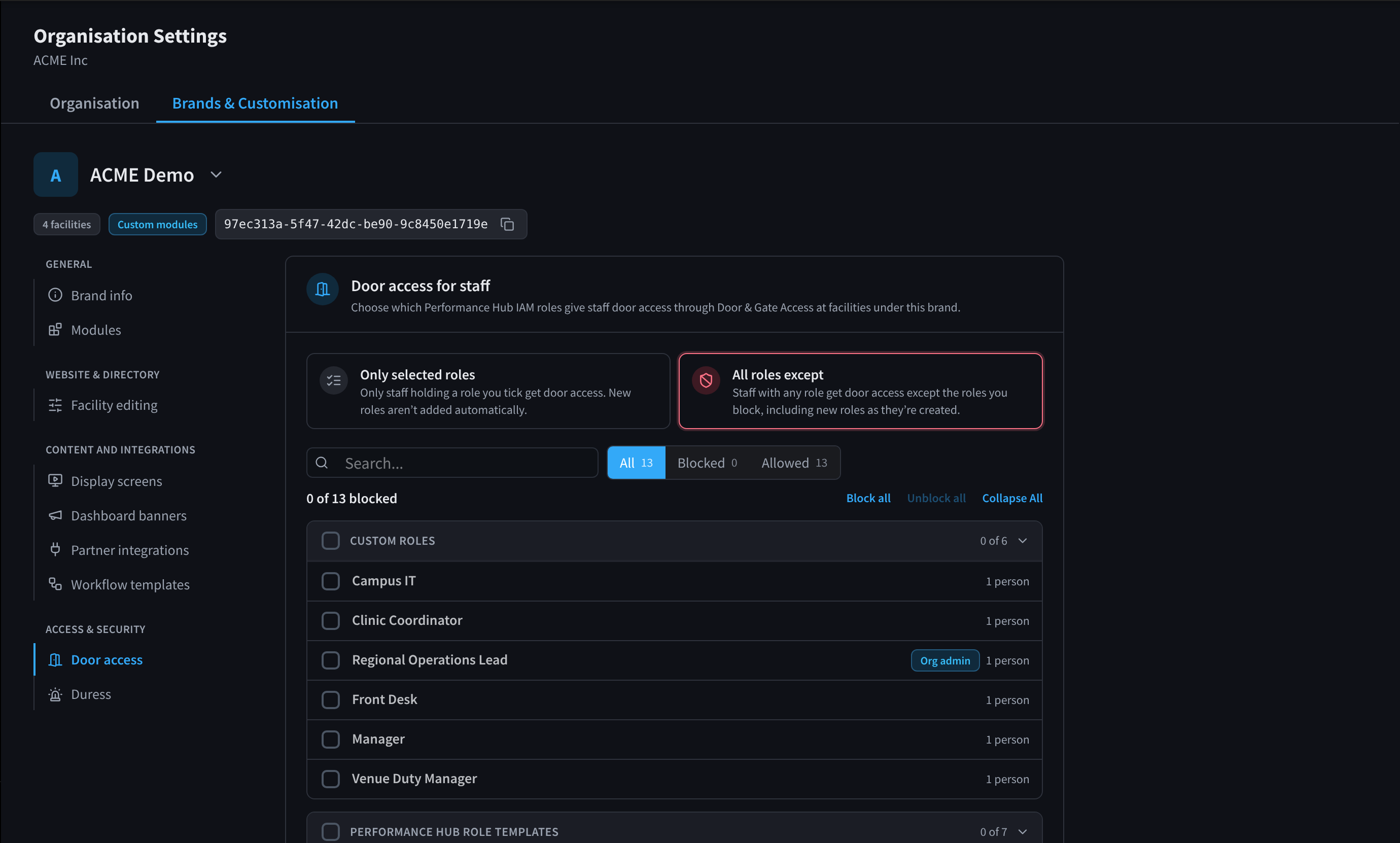 The Door access section with Only selected roles and All roles except, and lists of custom roles and Performance Hub role templates with how many people hold each