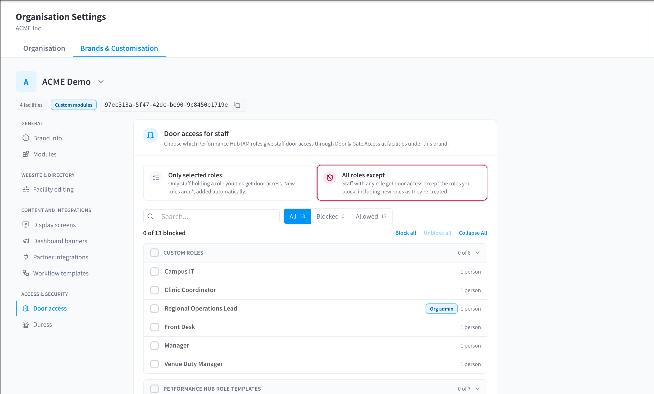 The Door access section with Only selected roles and All roles except, and lists of custom roles and Performance Hub role templates with how many people hold each