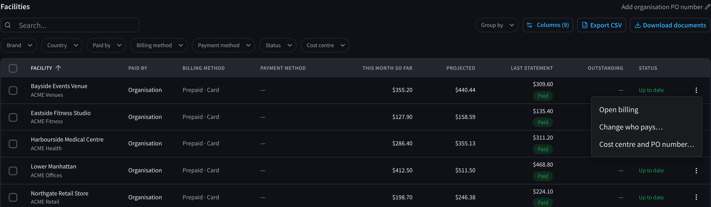 The menu for a facility in the Facilities table, open, with Open billing, Change who pays… and Cost centre and PO number…