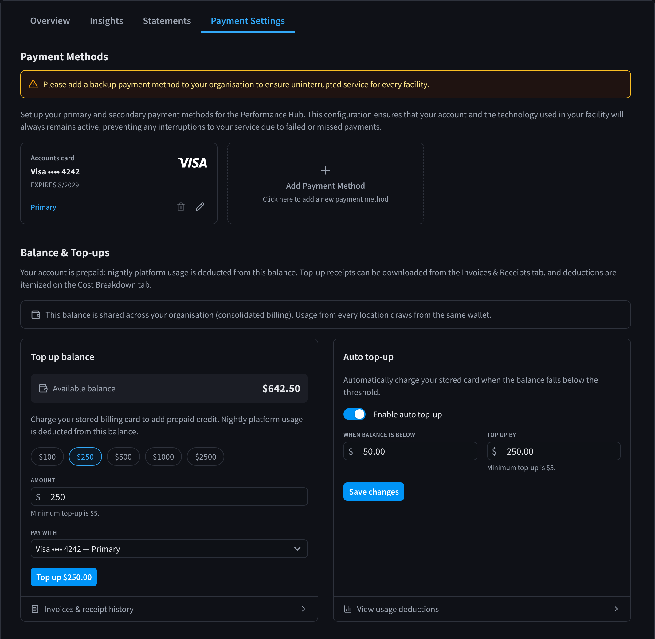 The organisation's Payment Settings with Payment Methods, a primary card, Add Payment Method, and Balance & Top-ups with the shared balance note, Top up balance and Auto top-up