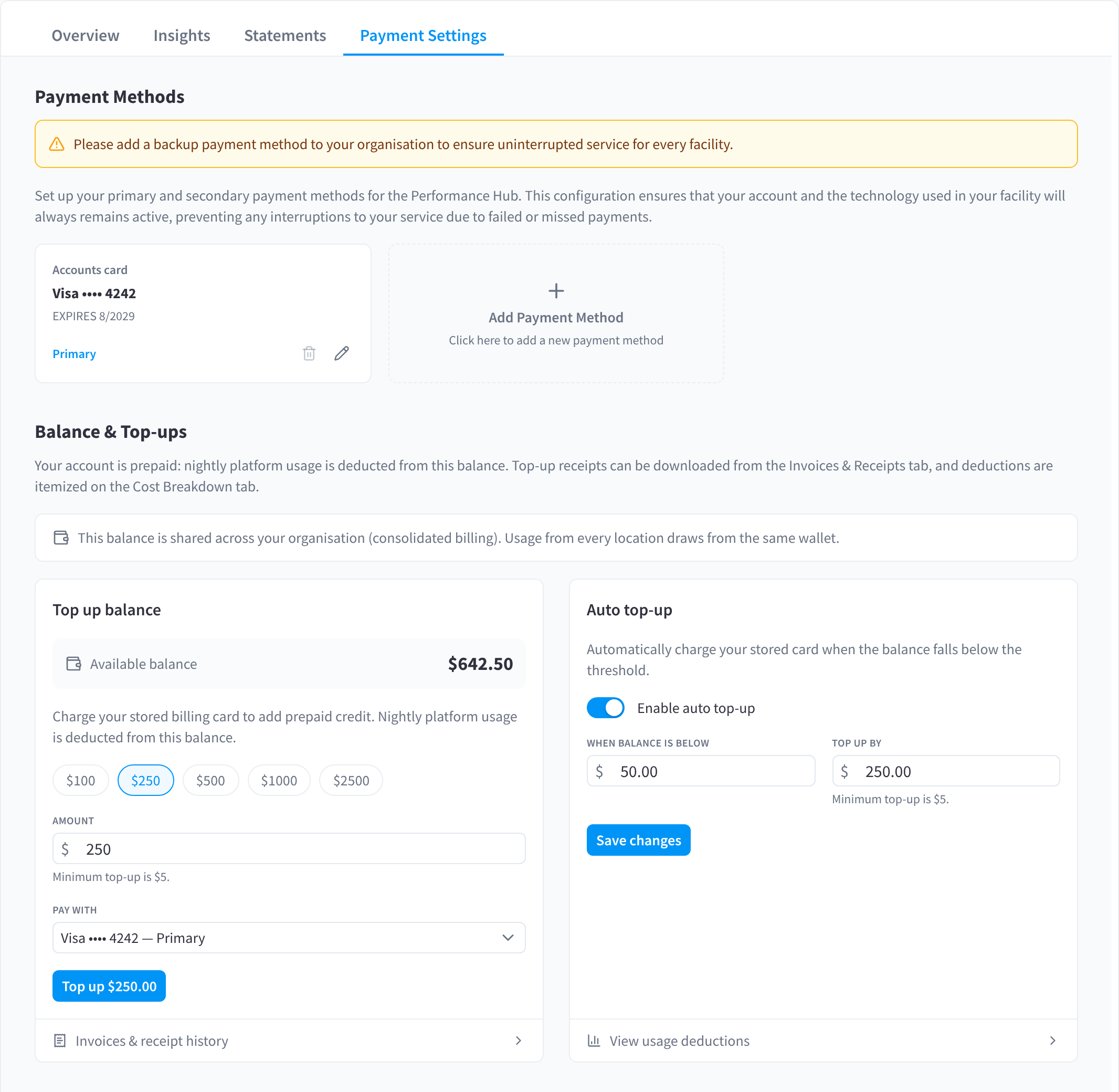 The organisation's Payment Settings with Payment Methods, a primary card, Add Payment Method, and Balance & Top-ups with the shared balance note, Top up balance and Auto top-up