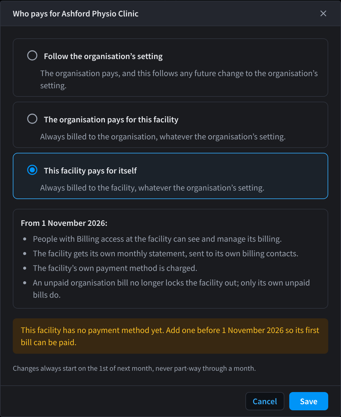 The Who pays for Ashford Physio Clinic dialog with Follow the organisation’s setting, The organisation pays for this facility, and This facility pays for itself selected, the From 1 November 2026 summary, a no payment method warning, Cancel and Save
