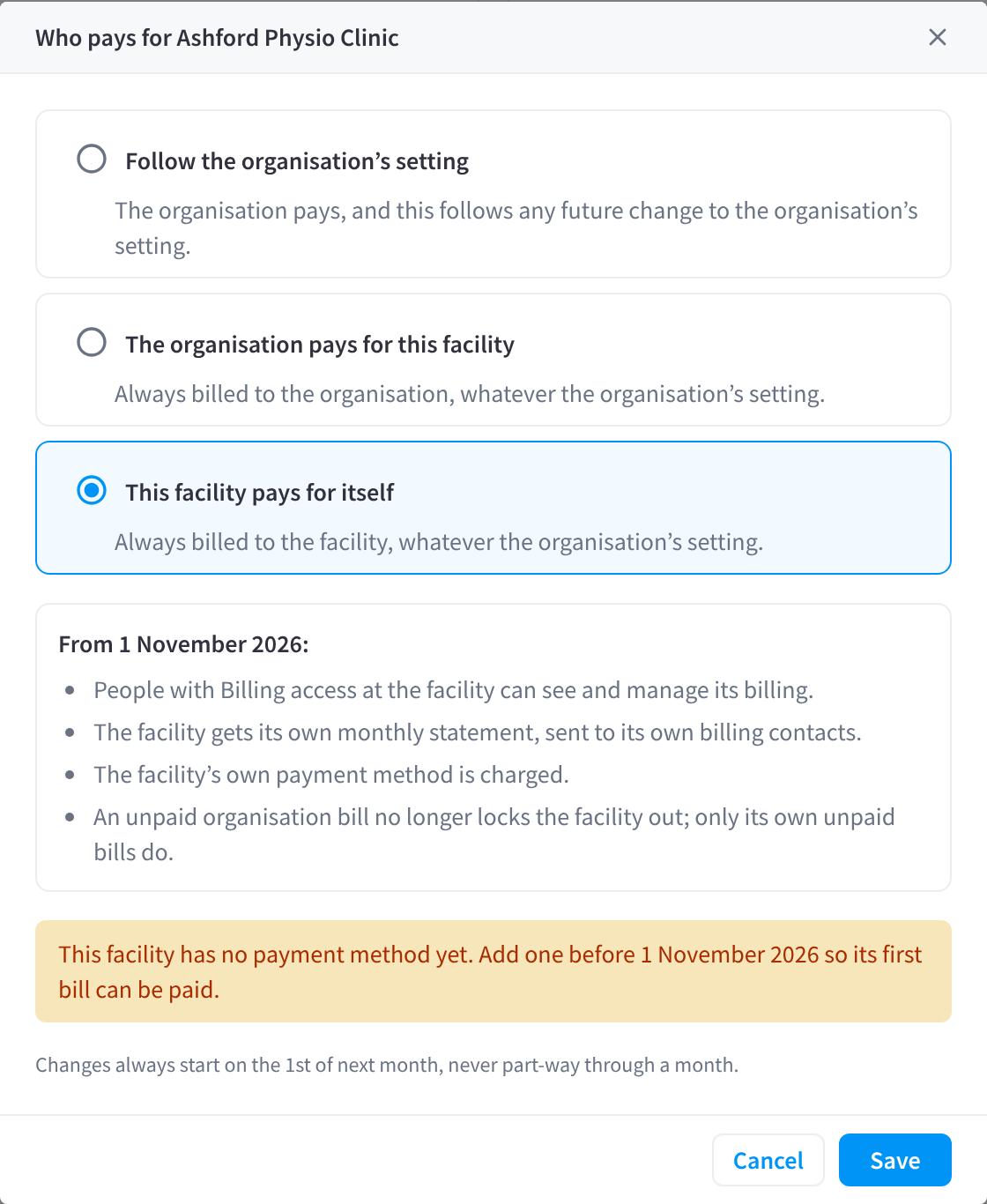 The Who pays for Ashford Physio Clinic dialog with Follow the organisation’s setting, The organisation pays for this facility, and This facility pays for itself selected, the From 1 November 2026 summary, a no payment method warning, Cancel and Save